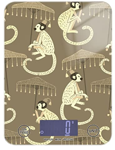 Seamless Vintage White Monkeys with Umbrella in Vintage Retro Style Tempered Glass Kitchen Scales, Digital Weight Grams and Oz Food Scales for Cooking Baking Meal Prep Home Weight Loss Health Diet
