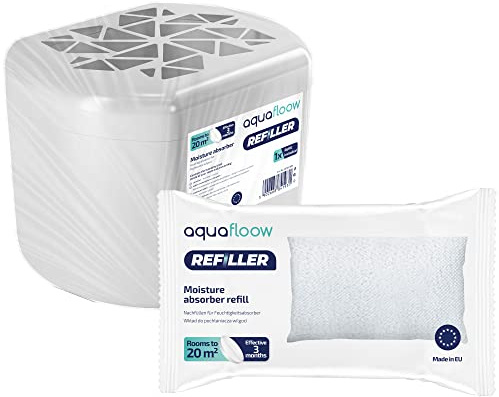 Aquafloow Deshumidificador + 1x250g Bolsas de Recarga de Gránulos | Blanco, Deshumidificado Reduce Moho y Los Olores Absorbedor de Humedad | Deshumidificador Sin Electricidad con Gránulos Recargable