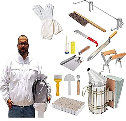 HSRG 15-teiliges Imkerei-Werkzeug-Set, Professionelles Imkerei-Grundlagen-Werkzeug, Imker-Anzugjacke Mit Schleier Und Hut, Bienenstock-Raucher, Bienenstock-Werkzeug, Imkerei-Zubehör