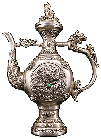 Pichet à vin en cuivre pur entièrement en cuivre antique en cuivre pur tout en cuivre doré argent incrusté de pierres précieuses pichet à vin dragon double face 22 cm de haut figurines ornements cadea