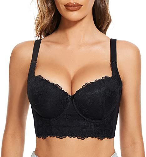 FallSweet Push Up Bras for Women Lace Plus Size Wide Back Underwire Longline Corset Bra(Black, 38B)
