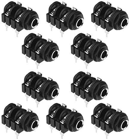 ECSING - 10 conectores de 6,35 mm, 1/4 pulgadas, 4 pines, montaje en panel de toma de audio, para auriculares estéreo mono hembra con arandelas de montaje, negro