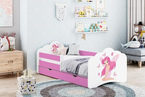 Happy Babies MOBI - Kinderbett 160 x 80 mit Rausfallschutz und Schublade Bett für Kinderzimmer mit Matratze 80x160 Mädchen Kinder-Bett (M04)