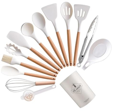 KieTeiiK Lot de 14 ustensiles de cuisine en silicone de qualité alimentaire antiadhésifs avec poignées en bois - Pinces, cuillère, spatule - Silicone, bois - Ensemble de 14 pièces