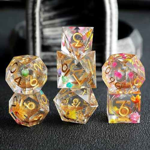 Elifel D&D tärningsset kvicksandharts skarp kant tärning 7 st handgjorda DND-tärningar för polyhedrala fängelsehålor och drakar MTG RPG Ttrpg banfinnare rollspel D och D D20 D12 D10 D8 D6 D4 tärningar