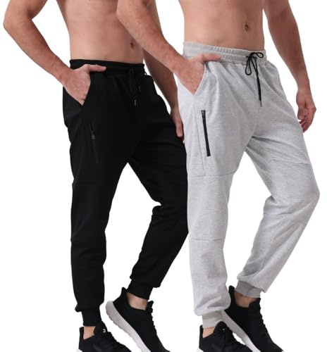 Hpbygstae Pack de 2 pantalones de jogging para hombre con cremallera, pantalones de corte ajustado con bolsillos para hombre, cintura elástica, pantalones de running para hombre, pantalones de chándal
