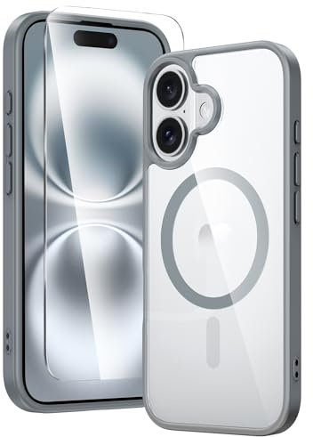 FNTCASE for iPhone 16 Phone Case: Clear Magnetic Military Grade Drop Protection Anti Yellowing Slim Case - Rugged Shockproof Protective Transparent Cell Phone Cover - Gray