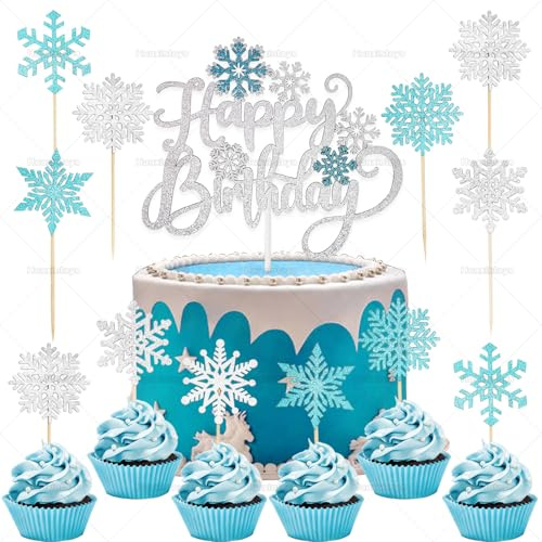 Huaxintoys 25 Pcs Schneeflocke Geburtstag Cupcake Topper,Glitzer Schneeflocken Cupcake Topper,Weihnachten Schneeflocken Deko, Kuchen, Schneeflocke, Dekoration, weiß, silberfarben, Pailletten, Mädchen