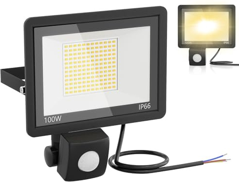 UISEBRT Led Strahler mit Bewegungsmelder Außen,100W 220V Außenlampe,Außenstrahler aus Aluminium-Druckguß,Gehärtetes Glas,Fluter Licht für Garten,Terrasse,Garage,Hof,IP66 (Ohne Stecker, Warmweiß)