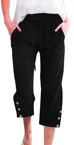 Voqeen Sommer Hosen Damen Leicht 3/4 Caprihose Baumwolle Sommerhose mit Elastische Taille Kordelzug Atmungsaktiv Stoffhose mit Taschen Bequem Arbeit Freizeithose