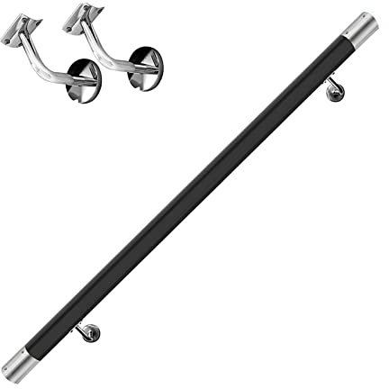 Black Round Wood Stair Handrail Kit for Indoor Stairs Non Slip Elderly Wall Mounted Support Rod Wooden Handrail 4m Length