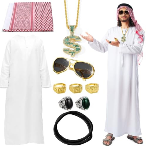 Scheich Kostüm Herren, 10 Stück Araber Kostüm Herren Set mit Arabisches Weißes Gewand, Kopftuch, Finger Ring, Sonnenbrillen, Faschingskostüm Araber Scheich Kostüm Herren für Karneval Party Cosplay, XL