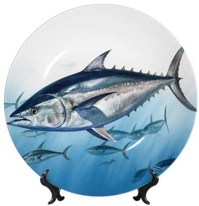 DWVTFSM Thon bleu Thunnus Assiette décorative en porcelaine anglaise avec support de présentation 17,8 cm Décoration murale faite à la main pour la maison et le bureau