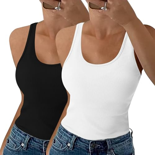 Aottori Canotta Donna Girocollo Costine Slim Fit Estiva Pacco da 2 | Canottiera Elegante, Basic Top, Cotone, Elasticizzato, Sottogiacca Senza Maniche, Smanicata Sexy