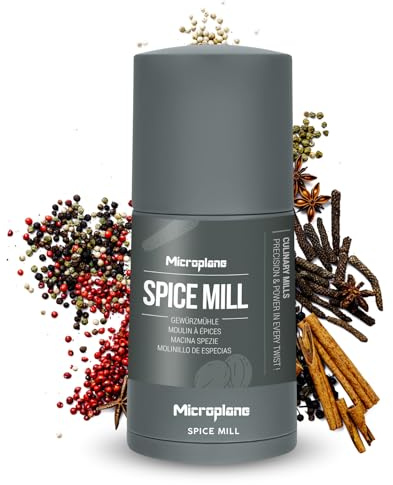 Microplane Macina Spezie 2in1 - Eucalipto | Macina Spezie Manuale con Lama in Acciaio Inox Ultra Affilata Grattugia Noce Moscata, Cannella, Fave di Tonka, Pepe Lungo, Noci e altro Contenitore Ermetico