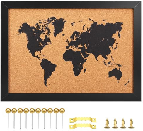 Okydoky WD-MAP-3343 Tableau d'affichage mural en liège avec 10 broches Carte du monde 33 x 43 cm