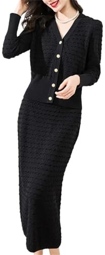2-teiliges Strick-Set für Damen, V-Ausschnitt, einreihig, Strickwaren, Cardigan, Tops, Anzüge, Strickröcke, Schwarz , L