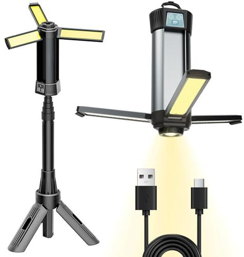 Rechargeable LED Cordless Work Light with 6000mAh Battery – Super Bright 2000 Lumens Searchlight with Extendable Tripod, Versatile Camping Lamp with 10 Lighting Modes, for Camping,Car Repair,Emergency