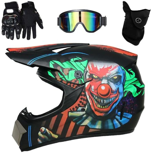 Casque de Motocross Tout-Terrain Pour Jeunes, Homologué DOT, Pour Dirt Bike, Quad, MX, Avec Gants, Lunettes Et Masque(Black red clown,M(54-55cm))