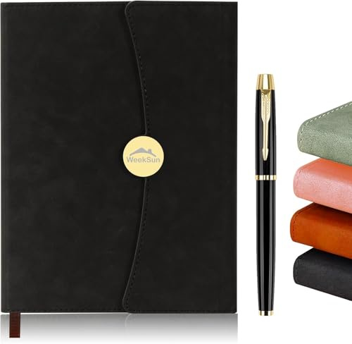 WEEKSUN Leder Notizbücher, Notizbuch A5 Mit Magnetverschluss und Stift， Notizbuch aus 100Gsm Papier Mit Horizontalen Linien Geeignet Für Schüler, Lehrer und Büroangestellte(Schwarz)