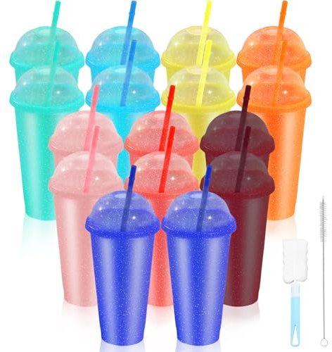 CoKeeSun 16pcs Plastikbecher, 24oz/710ml Trinkbecher mit Strohhalm & Deckel | 8 Farben, Glitzer Farbwechsel Becher, Wiederverwendbare Slush eis Becher für Eiskaffee Kaltes Trinken Smoothie Saft