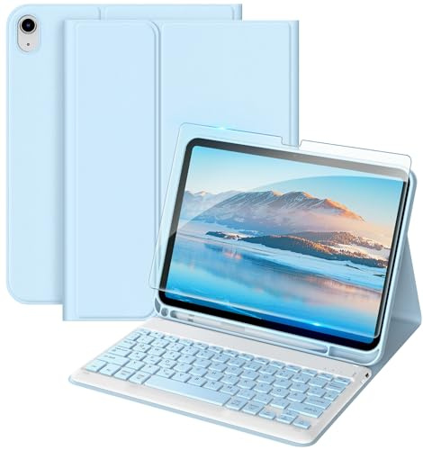 EasyAcc Hülle mit Tastatur für iPad A16 11/10 Generation 11/10.9 2025/2022 | Hülle mit Stifthalter Und Schutzfolie, QWERTZ Tastatur Magnetische Kabellose Bluetooth Abnehmbare, Himmelblau