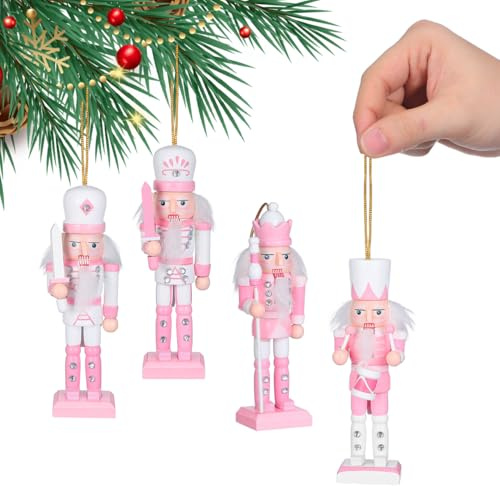 VICASKY 4PCS Pink Wooden Christmas Nutcracker Soldier Ornaments, 12cm Nutcracker Figures Soldier Puppet Doll Pendant for Traditional Xmas Tree Decoration