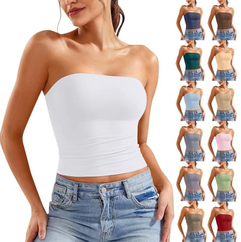 Crop Top Femme Sexy Dos Nu Bustier Haut Court T-Shirt Caraco sans Bretelles Débardeur sans Manches Y2K Bandeau Tube Tops Couleur Unie Slim Fit Debardeur