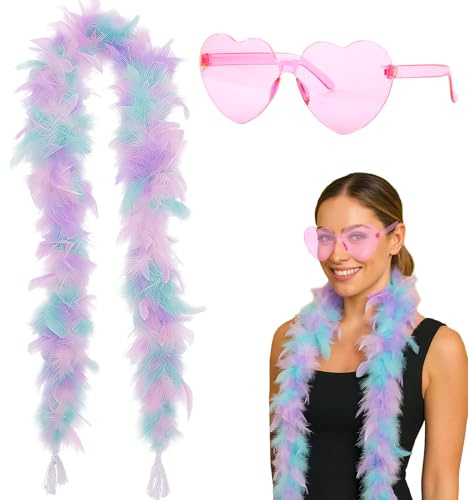 GWAWG Set di 2 boa di piume colorate da donna, sciarpa di piume bianche per Natale, matrimoni, centrotavola, Halloween, concerti, cosplay, con occhiali da sole a forma di cuore rosa