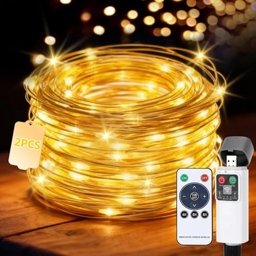 Collazoey 2 Stück Lichterkette Batterie, 15M 150 LED USB Aufladbare Batterie Lichterkette Innen, mit Fernbedienung und Timer, 8 Modi Lichterkette Draht, für Weihnachten Hochzeit Garten Party