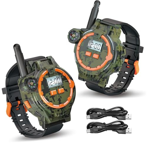 Jorzer Walkie Talkies Recargables USB para Niños Reloj Walkie Talkie Bidireccional de Largo Alcance con Linterna de Brújula y Fecha y Hora Ajustables Equipo de Camping Portátil para Niños 1 Par