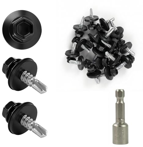 DTLLCZP 200 stycken självborrande plåtslagsskruvar trapetsplåtskruvar betongskruvar plåtskruvar självgängande med EPDM-tätningsbricka svart 4,8 x 19 mm innehåller 1 sexkantig hylsa