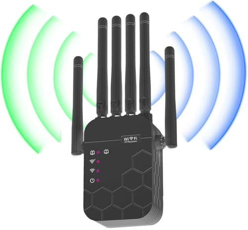 Ripetitore WiFi,Extender wifi con 6 Antenne ad Alto Guadagno,estensore fino a 3000 piedi quadr, potente ripetitore per casa con2 porta ethernet, Per uso interno/esterno、Casa/Ufficio (Nero)