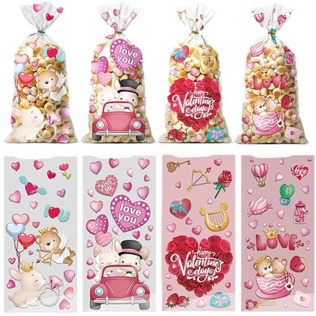 Valentine's Day Treat Bags - 50 Heart Party Favors | Small Cellophane Gift Bags and Candy Packaging for Parties with Sturdy Tie Closure, Chocolate Chip , Prizes, Bakes