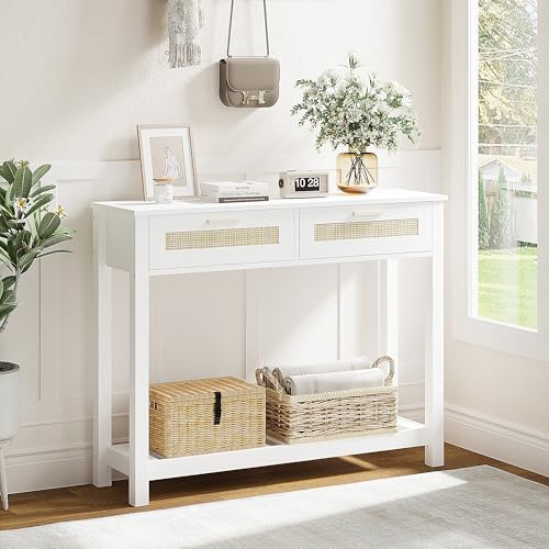 ROCSUMOO Rattan Konsolentisch Console Table mit 2 Schubladen, Moderner Beistelltisch mit Einer Ablage, schmaler Sofatisch mit Kippschutz, Flur Möbel, Eingang, Wohnzimmer (Weiß)