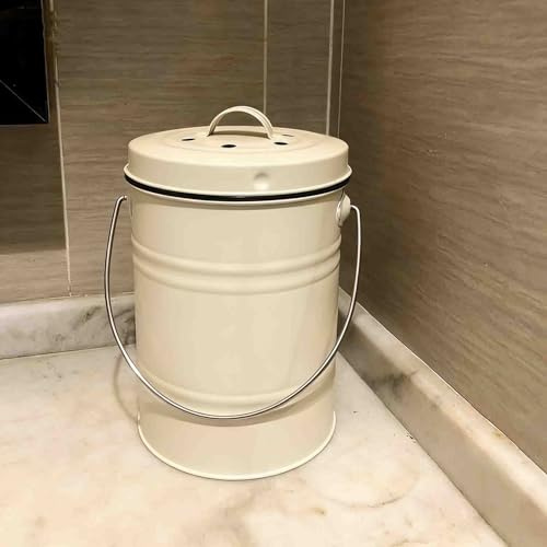 Kökskomposthink, soptunna, kompostbehållare för inomhusbruk med lock och bärhandtag, inklusive innerhink, för hushållets bakgårdskök (off white)