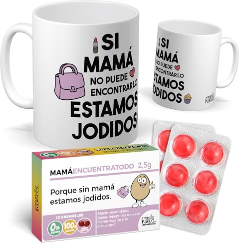 mundohuevo Taza de Regalo Mamá | Taza de Cerámica + Caramelo de Mamá Encuentra Todo | Si Mamá no Puede encontrarlo Estamos Jodidos | Detalle Original para Madres | Regalo día de la Madre