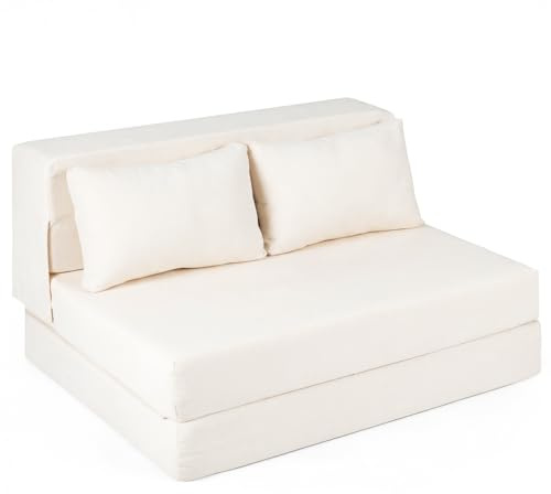COSTWAY Bäddsoffa, hopfällbar, 3-i-1-golvsoffa med sovfunktion, sovstol av chenille-tyg, inklusive 2 kuddar, för vardagsrum, sovrum, hemmakontor (beige, 2-sitsig)