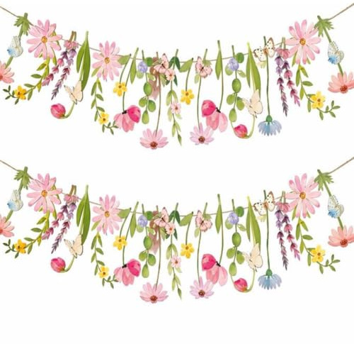 Floral Bunting Garland Set,Ideal for birthday parties and tea parties | Wildflower Butterfly Paper Party Decorations for Girls Birthday Tea Party Garden Baby Shower Backdrop
