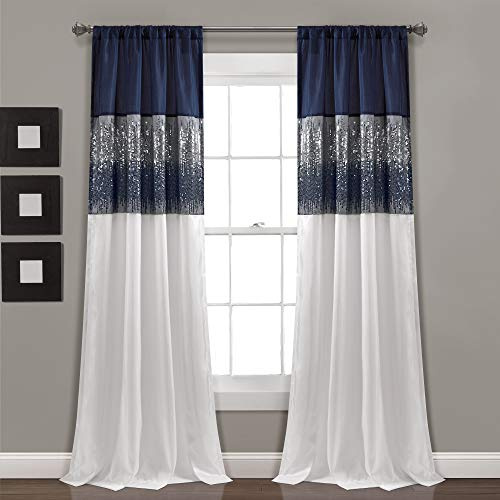 Lush Decor Night Sky Window Curtain Panel, Single 42W x 84L Navy & White - Sequin Backdrop Curtain - Room Darkening Curtains For Bedroom - Glam Decor