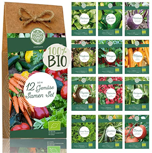 Bio Gemüse Samen Set - 12 Sorten Gemüsesamen aus biologischen Anbau, samenfestes Gemüse Saatgut, Bio Gemüsesamen Set für das Hochbeet, Garten, Balkon und Küche, 12er Pflanzensamen Set