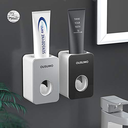 Automatischer Zahnpastaspender,2 Stück Zahncreme Spender Wandmontage | Hochwertigem ABS-Kunststoff,Halter Adaptiver Thread,Kein Bohren,für Kinder,Erwachsene,Badezimmer,Zahnpasten(Schwarz/Grau)