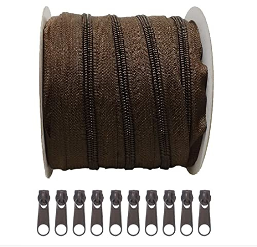 25 Metros Cremallera + 10 Cursores,Cremallera Continua de Nylon con Libres Deslizadores de Metal, Costura, Cremallera para Coser en Ropa, Telas, Cremallera por Metros 5#, (Marron)