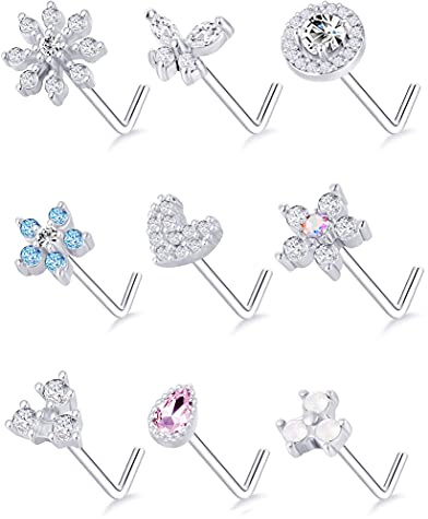 Tornito 9Pcs Nose Rings Stud L Shaped Nose Ring Flower CZ Snowflake Butterfly Screw Nose Stud Body Piercing Jewelry for Women Men 20G Silver Tone