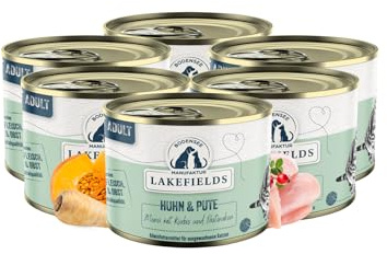 Lakefields Premium Nassfutter für Katzen | Huhn & Pute 90% | Katzenfutter nass ohne Zucker und Getreide | 6 x 200g | Katzenminze, Kürbis & Pastinaken | Hochwertige Rezeptur aus regionalen Zutaten