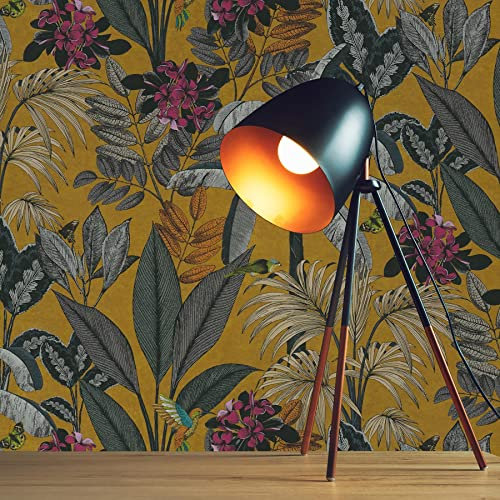 Carta da parati in tessuto non tessuto con alberi e foglie Ginevra M1-No.3578, colore giallo, naturale, fiori