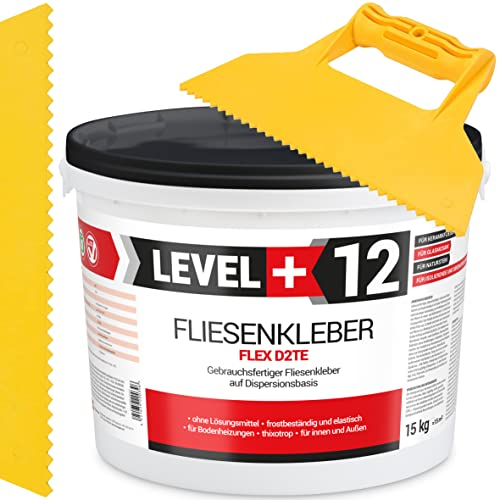 Fertig Fliesenkleber 15 kg Fertig + Kunstoffspachtel Dreieck-Zahnung Steinkleber Flexmörtel Weiß Dispersions-Kleber SET RM12 KT