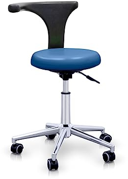 QUIRUMED Tabouret avec Dossier Ergonomique Professionnel, Couleur Bleu Marine, Structure en Acier Inoxydable, Similicuir Cuir, Base avec roulettes, Assise réglable en Hauteur, jusqu'à 120 kg