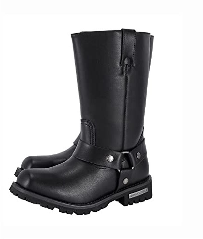 GARGOYLE BELLS Mens Harness Straps Motorcycle Leather Boots, Black Waterproof Biker Boots For Men- Low Heel Riding Boots