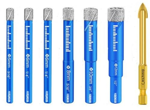 Dry Diamond Drill Bits Set 7 PCs - 3/16, 1/4,5/16，3/8，1/2 inch and 1/4“ Carbide Drill bit Vacuum Brazed Diamond Hole Saw Kit Set for Granite, Ceramic Tile Stone, Marble Porcelain, Glass Round Shank